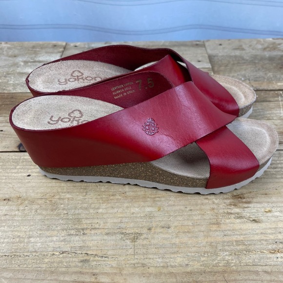 Yokono Shoes - Yokono - Cross Band Leather Wedge Sandals - Red - Made in Spain - Women's 7.5